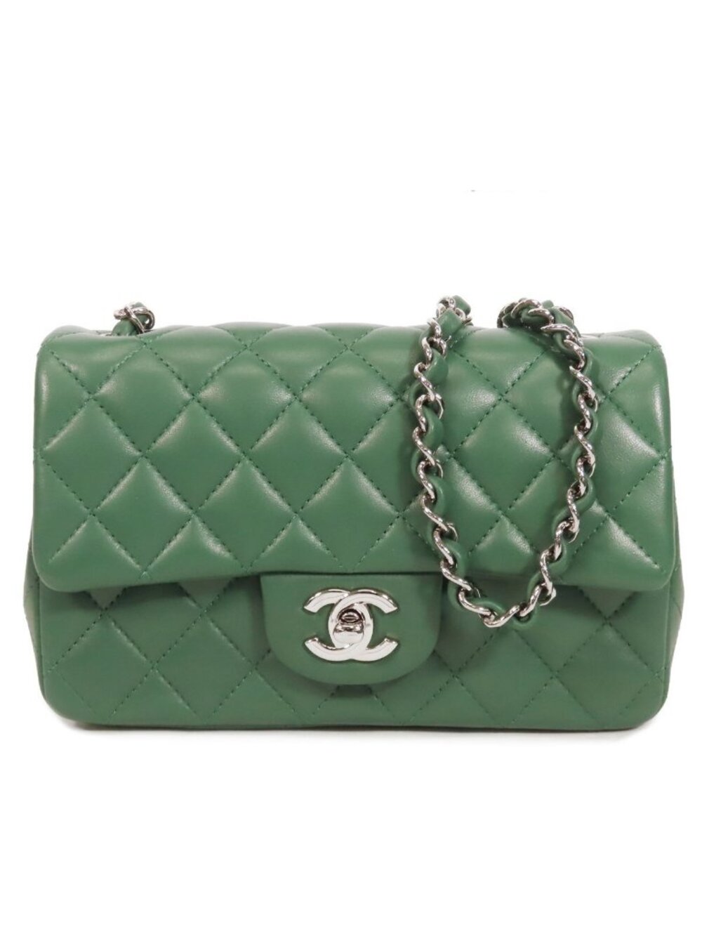 Chanel Chain Green Silver Lambskin Mini Quilted Single Flap Shoulder Bag